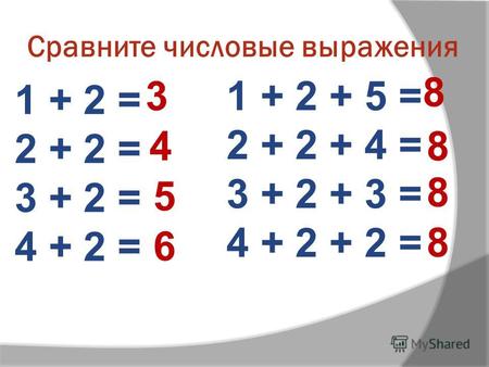 Сравните числовые выражения 1 + 2 = 2 + 2 = 3 + 2 = 4 + 2 = 3 4 5 6 8 1 + 2 + 5 = 2 + 2 + 4 = 3 + 2 + 3 = 4 + 2 + 2 = 8 8 8.