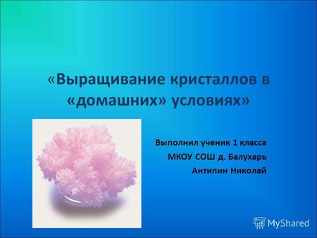 «Выращивание кристаллов в «домашних» условиях» Выполнил ученик 1 класса МКОУ СОШ д. Балухарь Антипин Николай.
