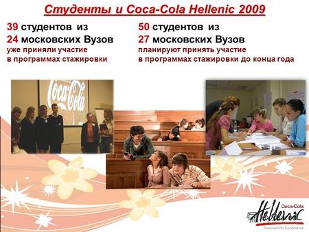 Студенты и Coca-Cola Hellenic 2009 39 студентов из 24 московских Вузов уже приняли участие в программах стажировки 50 студентов из 27 московских Вузов.