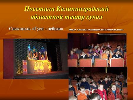Посетили Калининградский областной театр кукол Спектакль «Гуси - лебеди» Перед началом спектакля пели детские песни.