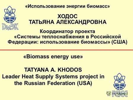 «Использование энергии биомасс» ХОДОС ТАТЬЯНА АЛЕКСАНДРОВНА Координатор проекта «Системы теплоснабжения в Российской Федерации: использование биомассы»