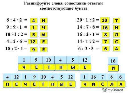 Расшифруйте слова, сопоставив ответам соответствующие буквы 8 : 4 2 = 20 1 : 2 = 9 : 9 1 = 14 : 7 8 = 10 1 : 2 = 16 : 2 1 = 4 : 2 6 = 14 1 : 2 = 18 : 2.
