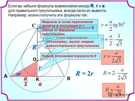 Rra Если вы забыли формулы взаимосвязи между R, r и a для правильного треугольника, всегда легко их вывести. Например, можно получить эти формулы так: