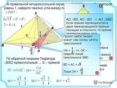 В правильной четырехугольной пирамиде SABCD, все ребра которой равны 1, найдите тангенс угла между плоскостями SAD и SBD. B D S A 1 C 1 1 О K 2 По обратной.