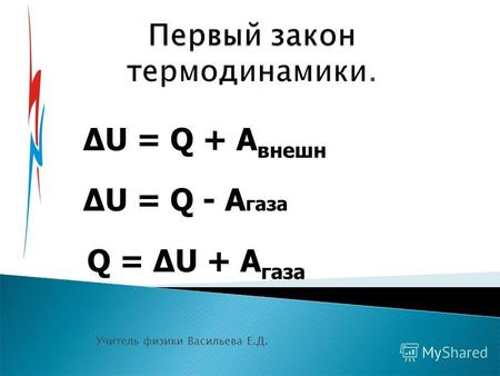 Учитель физики Васильева Е.Д. U = Q + A внешн U = Q - A газа Q = U + A газа.