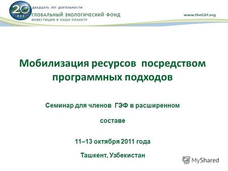 Мобилизация ресурсов посредством программных подходов Семинар для членов ГЭФ в расширенном составе 11–13 октября 2011 года Ташкент, Узбекистан Л Е Т ДВАДЦАТЬ.