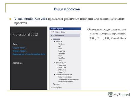 Виды проектов Visual Studio.Net 2012 предлагает различные шаблоны для ваших начальных проектов. Основные поддерживаемые языки программирования: С#, C++,