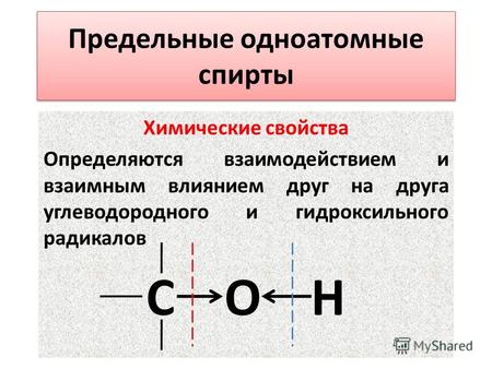 Предельные одноатомные спирты Химические свойства Определяются взаимодействием и взаимным влиянием друг на друга углеводородного и гидроксильного радикалов.