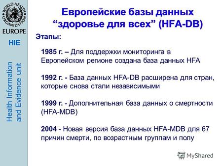 HIE Health Informationand Evidence unit Европейские базы данныхздоровье для всех (HFA-DB) Этапы: 1985 г. – Для поддержки мониторинга в Европейском регионе.