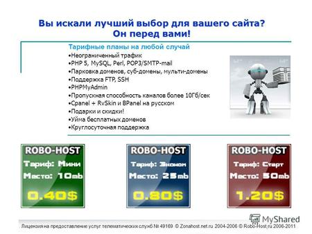 Лицензия на предоставление услуг телематических служб 49169 © Zonahost.net.ru 2004-2006 © Robo-Host.ru 2006-2011. Вы искали лучший выбор для вашего сайта?