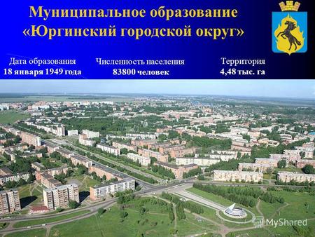 Муниципальное образование «Юргинский городской округ» Дата образования 18 января 1949 года Численность населения 83800 человек Территория 4,48 тыс. га.