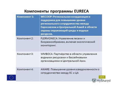 . 1 Компоненты программы EURECA Компонент 1:WECOOP: Региональная координация и поддержка для повышения уровня регионального сотрудничества между Евросоюзом.