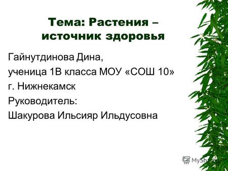 Тема: Растения – источник здоровья Гайнутдинова Дина, ученица 1В класса МОУ «СОШ 10» г. Нижнекамск Руководитель: Шакурова Ильсияр Ильдусовна.