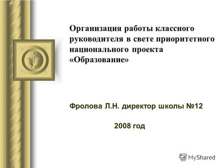 Организация работы классного руководителя в свете приоритетного национального проекта «Образование» Фролова Л.Н. директор школы 12 2008 год.