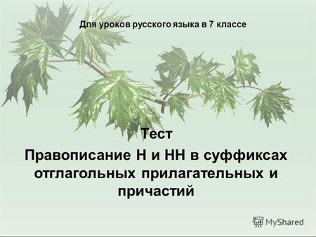 Для уроков русского языка в 7 классе Тест Правописание Н и НН в суффиксах отглагольных прилагательных и причастий.