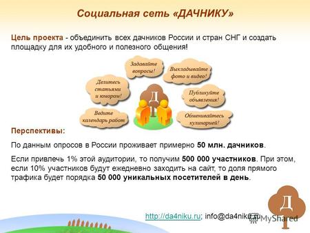 Социальная сеть «ДАЧНИКУ»  info@da4niku.ru Цель проекта - объединить всех дачников России и стран СНГ и создать площадку.
