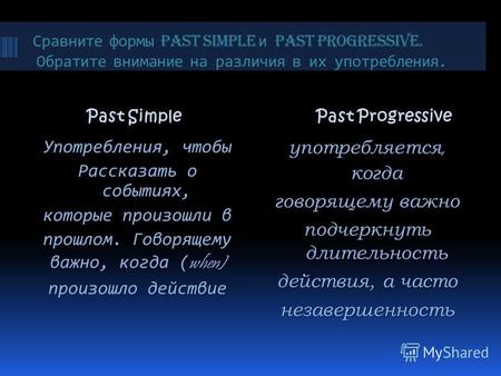 Сравните формы Past Simple и Past Progressive. Обратите внимание на различия в их употребления. Past Simple Past Simple Past Progressive Употребления,