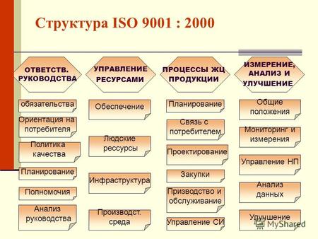 Структура ISO 9001 : 2000 ОТВЕТСТВ. РУКОВОДСТВА УПРАВЛЕНИЕ РЕСУРСАМИ ПРОЦЕССЫ ЖЦ ПРОДУКЦИИ ИЗМЕРЕНИЕ, АНАЛИЗ И УЛУЧШЕНИЕ обязательства Ориентация на потребителя.