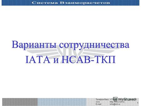 1 Телефон/Факс: +7 (495) 232-35-40 / 254-69-00 www: E-mail:info@tch.ru Варианты сотрудничества IATA и НСАВ-ТКП.