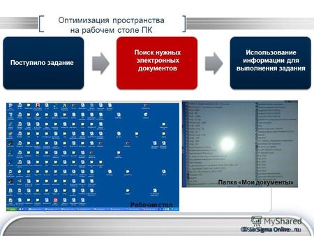 © Six Sigma Online. ru Оптимизация пространства на рабочем столе ПК Поступило задание Использование информации для выполнения задания Поиск нужных электронных.
