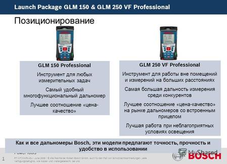 Launch Package GLM 150 & GLM 250 VF Professional 1 PT-MT/MKP1-EU | June 2009 | © Alle Rechte bei Robert Bosch GmbH, auch für den Fall von Schutzrechtsanmeldungen.