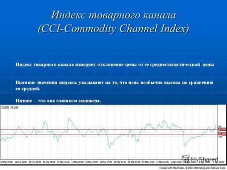 Индекс товарного канала (CCI-Commodity Channel Index) Индекс товарного канала измеряет отклонение цены от ее среднестатистической цены Высокие значения.