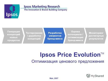 1 Ipsos Price Evolution TM Оптимизация ценового предложения Май, 2007 Тестирование / доработка концепций Разработка элементов бренд-микса Оценка потенциала.