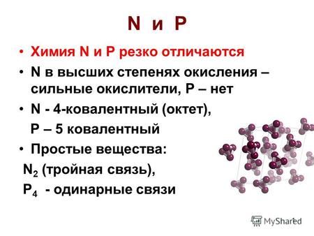 1 N и P Химия N и P резко отличаются N в высших степенях окисления – сильные окислители, P – нет N - 4-ковалентный (октет), P – 5 ковалентный Простые вещества: