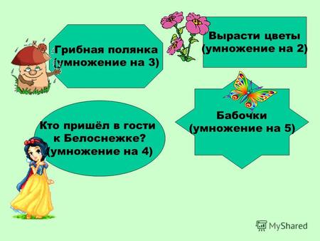 Вырасти цветы (умножение на 2) Кто пришёл в гости к Белоснежке? (умножение на 4) Грибная полянка (умножение на 3) Бабочки (умножение на 5)