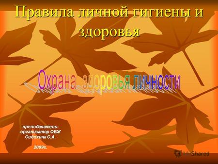 Правила личной гигиены и здоровья преподаватель- организатор ОБЖ Сидохина С.А. 2009г.