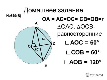 Домашнее задание А В О ОА = АС=ОС= СВ=ОВ=r 60° АОС = 60° 649(В) С ОАС, ОСВ- равносторонние СОВ = 60° 60° АОВ = 120°