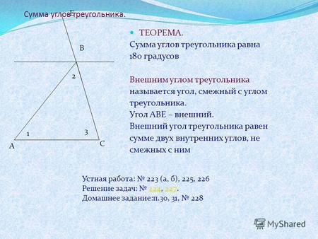 Сумма углов треугольника. ТЕОРЕМА. Сумма углов треугольника равна 180 градусов Внешним углом треугольника называется угол, смежный с углом треугольника.