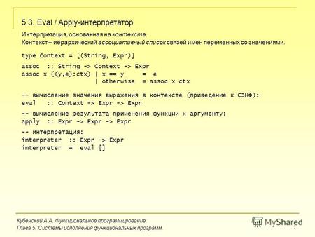 1 Кубенский А.А. Функциональное программирование. Глава 5. Системы исполнения функциональных программ. 5.3. Eval / Apply-интерпретатор Интерпретация, основанная.