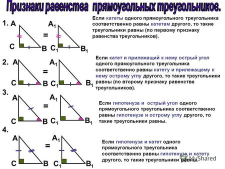 А C B А1А1 C1C1 B1B1 1. = 2. А C B А1А1 C1C1 = B1B1 Если катеты одного прямоугольного треугольника соответственно равны катетам другого, то такие треугольники.