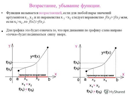 Возрастание, убывание функции. Функция называется возрастающей, если для любой пары значений аргументов x,1, x 2 и из неравенства x 1 x 2,то f(x1)>f(x.