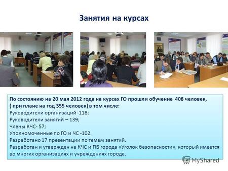 Занятия на курсах По состоянию на 20 мая 2012 года на курсах ГО прошли обучение 408 человек, ( при плане на год 355 человек) в том числе: Руководители.