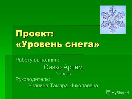 Проект: «Уровень снега» Работу выполнил: Сизко Артём 1 класс Руководитель: Учанина Тамара Николаевна.