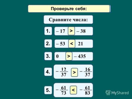 Математический диктант Сравните числа: – 17 – 38 1. – 53 21 2. 0 – 435 3. > < > Проверьте себя: 4. 12 37 – 16 37 – 5. 61 73 – 61 83 – > >< > < Проверьте.