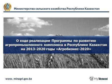 Астана Министерство сельского хозяйства Республики Казахстан www. minagri.gov.kz О ходе реализации Программы по развитию агропромышленного комплекса в.