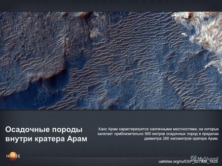 Осадочные породы внутри кратера Арам uahirise.org/ru/ESP_027998_1825 Хаос Арам характеризуется хаотичными местностями, на которых залегает приблизительно.
