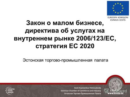 Закон о малом бизнесе, директива об услугах на внутреннем рынке 2006/123/ЕС, стратегия ЕС 2020 Эстонская торгово-промышленная палата.