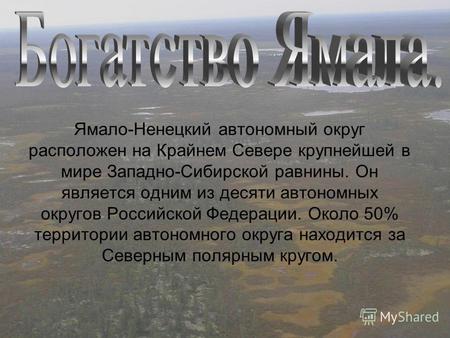 Ямало-Ненецкий автономный округ расположен на Крайнем Севере крупнейшей в мире Западно-Сибирской равнины. Он является одним из десяти автономных округов.