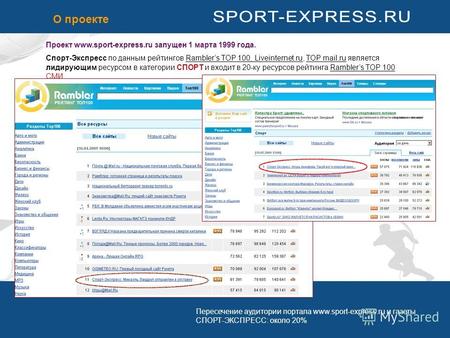 Проект www.sport-express.ru запущен 1 марта 1999 года. Спорт-Экспресс по данным рейтингов Ramblers TOP 100, Liveinternet.ru, TOP mail.ru является лидирующим.