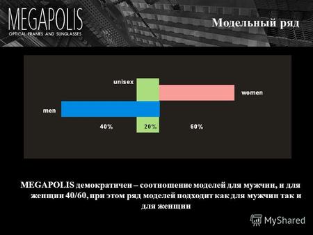 Модельный ряд MEGAPOLIS демократичен – соотношение моделей для мужчин, и для женщин 40/60, при этом ряд моделей подходит как для мужчин так и для женщин.