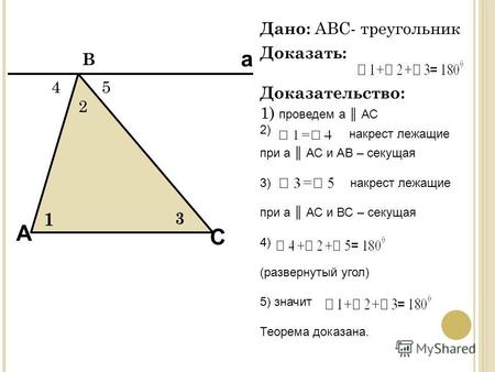 C 1 B a A 3 2 54 Дано: ABC- треугольник Доказать: Доказательство: 1) проведем а АС 2) накрест лежащие при а АС и АВ – секущая 3) накрест лежащие при а.