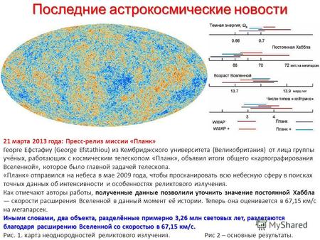 Последние астрокосмические новости 21 марта 2013 года: Пресс-релиз миссии «Планк» Георге Ефстафиу (George Efstathiou) из Кембриджского университета (Великобритания)