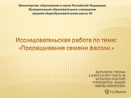 Министерство образования и науки Российской Федерации Муниципальное образовательное учреждение средняя общеобразовательная школа 46.
