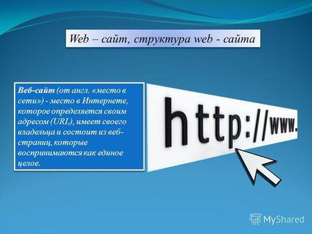 Веб-сайт (от англ. «место в сети») - место в Интернете, которое определяется своим адресом (URL), имеет своего владельца и состоит из веб- страниц, которые.