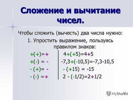 Сложение и вычитание чисел. Чтобы сложить (вычесть) два числа нужно: 1. Упростить выражение, пользуясь правилом знаков: +(+)=+ 4+(+5)=4+5 +(+)=+ 4+(+5)=4+5.