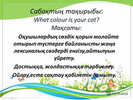 FokinaLida.75@mail.ru Сабақтың тақырыбы : What colour is your cat? Мақсаты: Оқушылардың сөздік қорын молайта отырып түстерге байланысты жаңа лексикалық